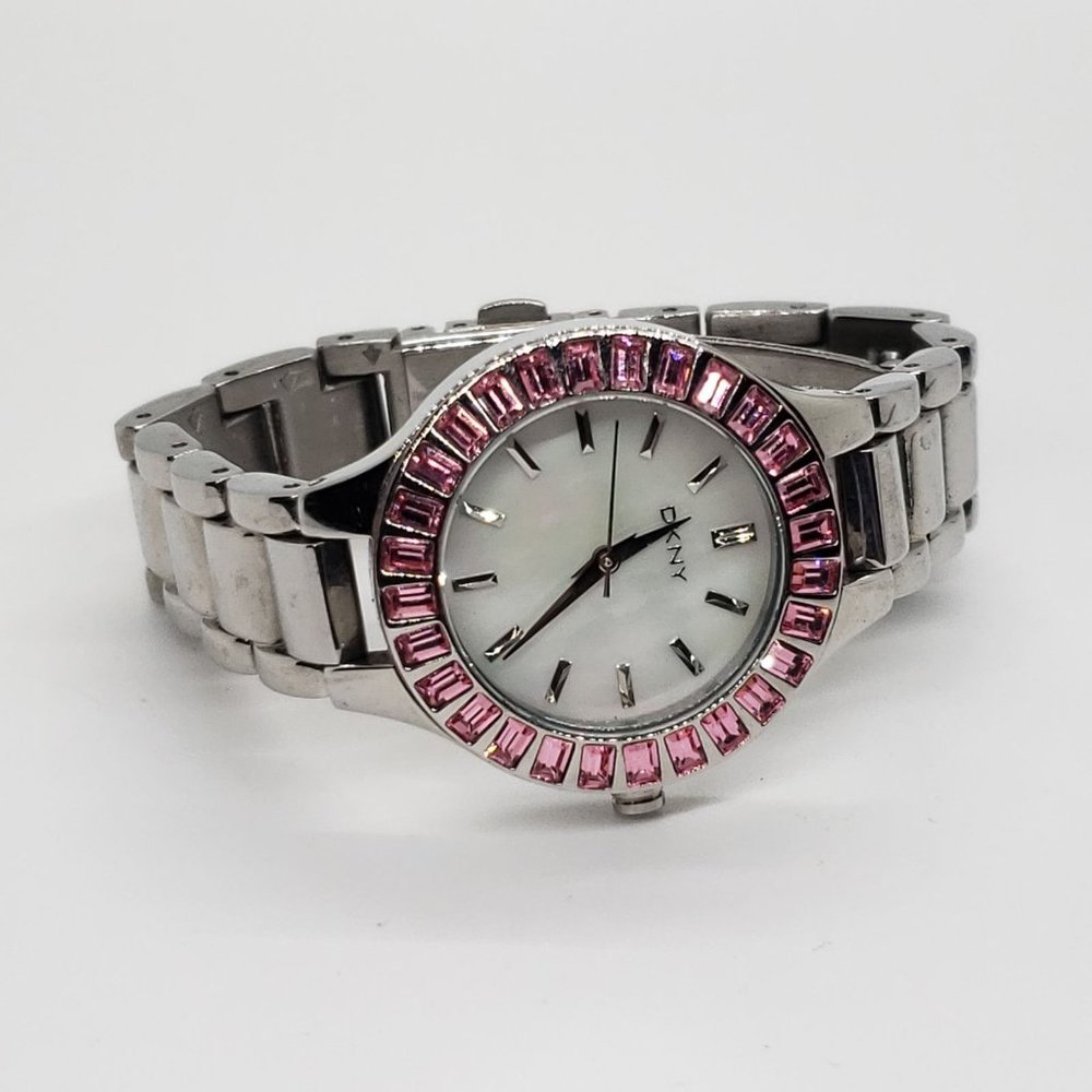 DKNY Silver Pink Rhinestone Watch Womens
